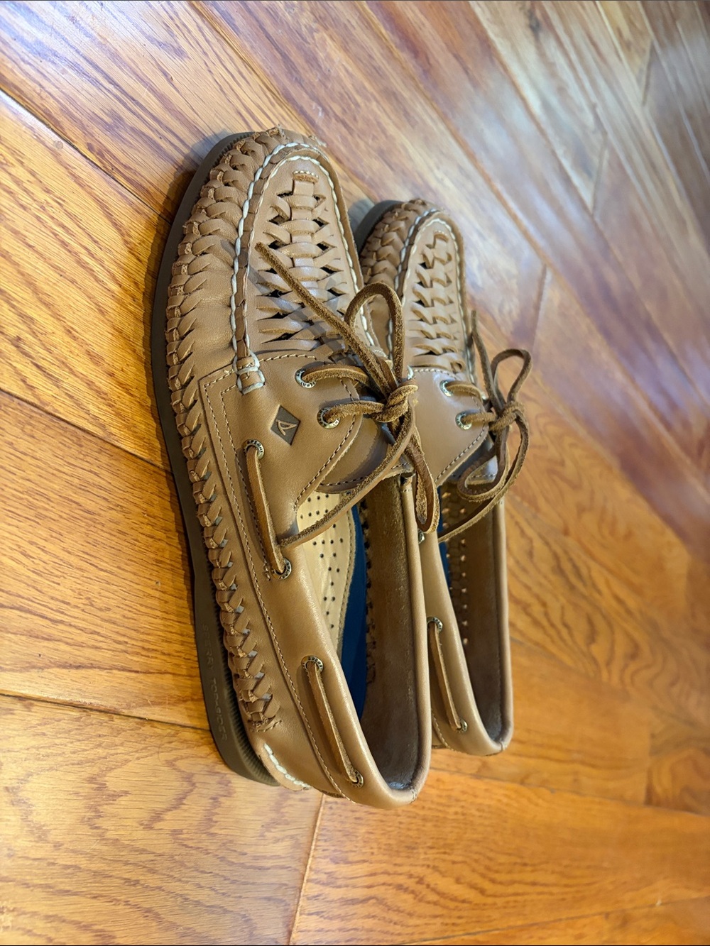 Women's Sperry Woven Leather Lace-Up Boat Shoes - Tan
